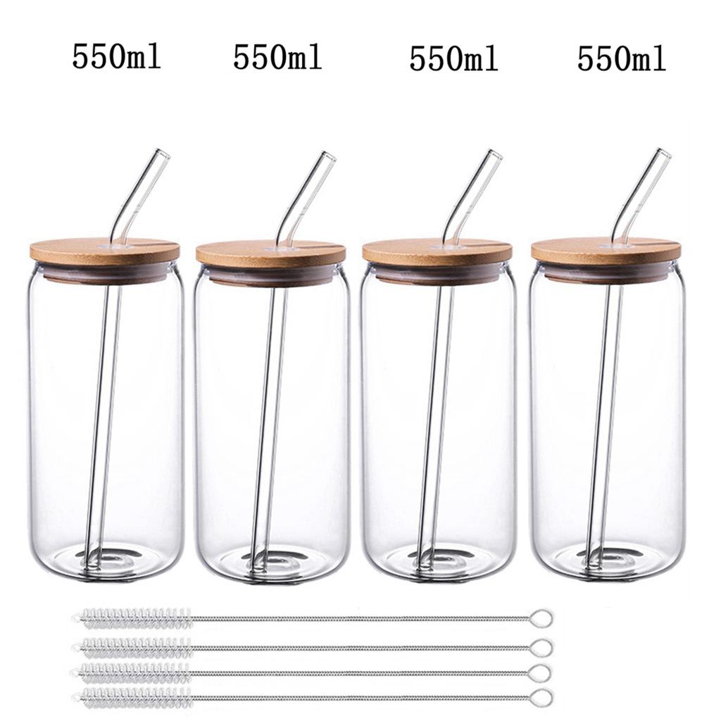 Straw Cup Glasses with Bamboo Lids and Glass Straw Reusable Drinking Glasses Can Shaped Glass Cups for Beer Iced Coffee Cocktail