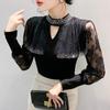 New Spring Autumn European Women Fashion Shiny Hot Diamonds Bling Mesh T-Shirt Chic Sexy Lace Long Sleeve Black Tops Streetwear Girl Tees