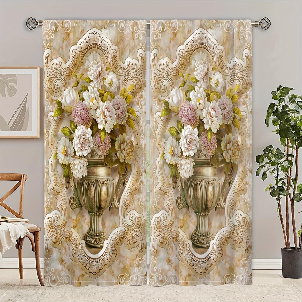 Luxury Oil Painting Gold Vase Colorful Flower Window Curtains Blinds for Living Room Girl Boy Kids Bedroom Decor 2Pieces Office