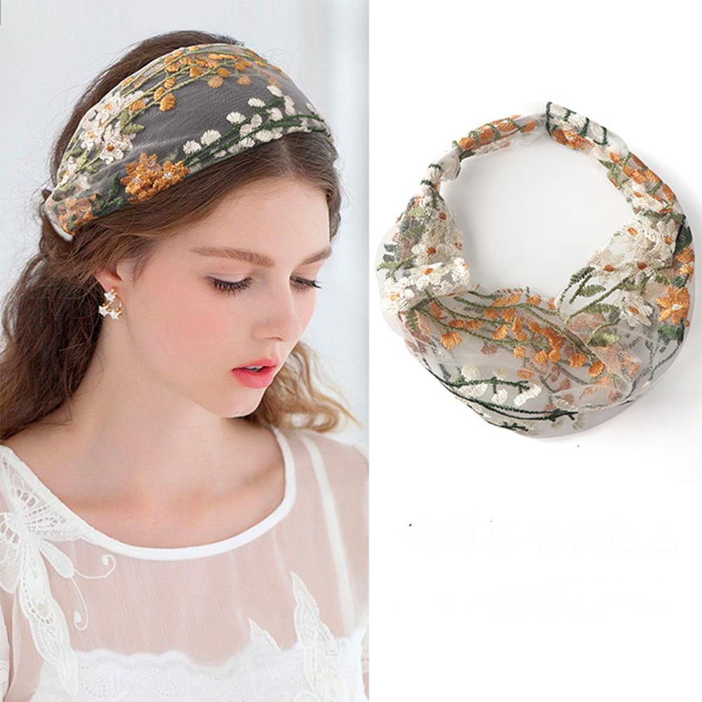 

Female Ethnic Hairbands Elastic Embroidery Lace Flower Headband Chiffon Head Wrap Bezel for Women Cross Knotted Hair Accessories