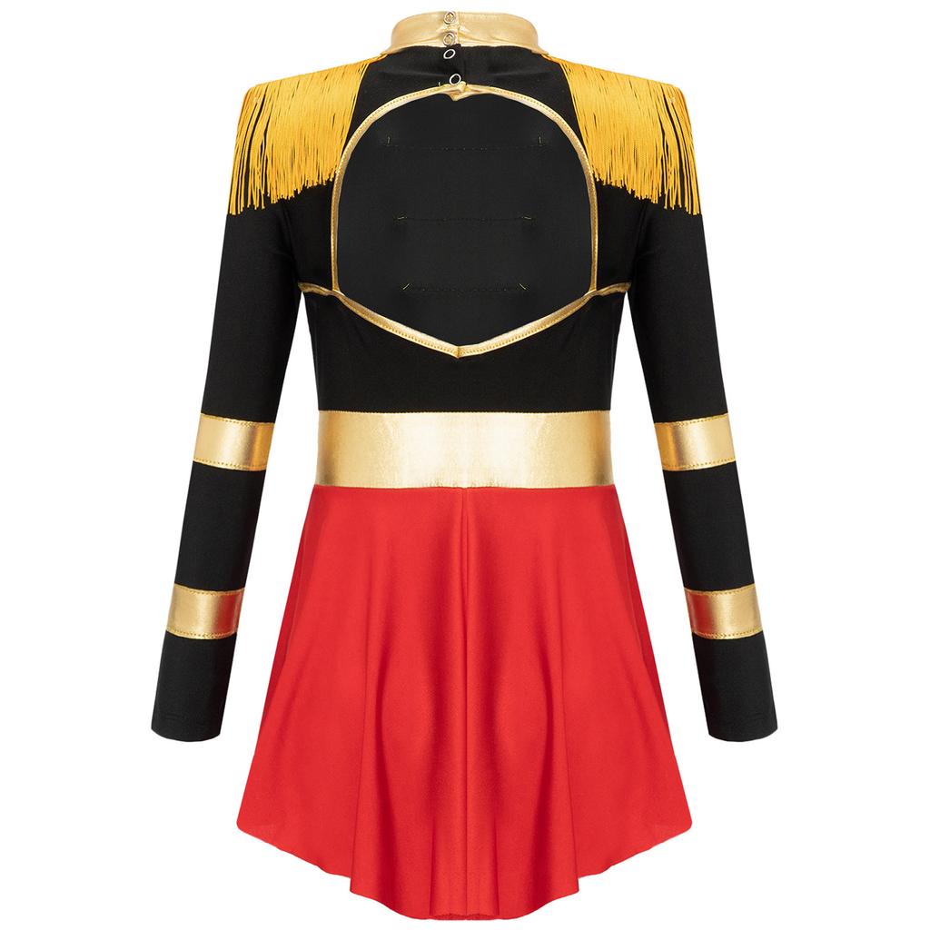 4Pcs Kids Girls Circus Magician Costume Complete Set: Long Sleeve Jumpsuit with Keyhole Back, Top Hat, Gloves & Wand for Halloween Show