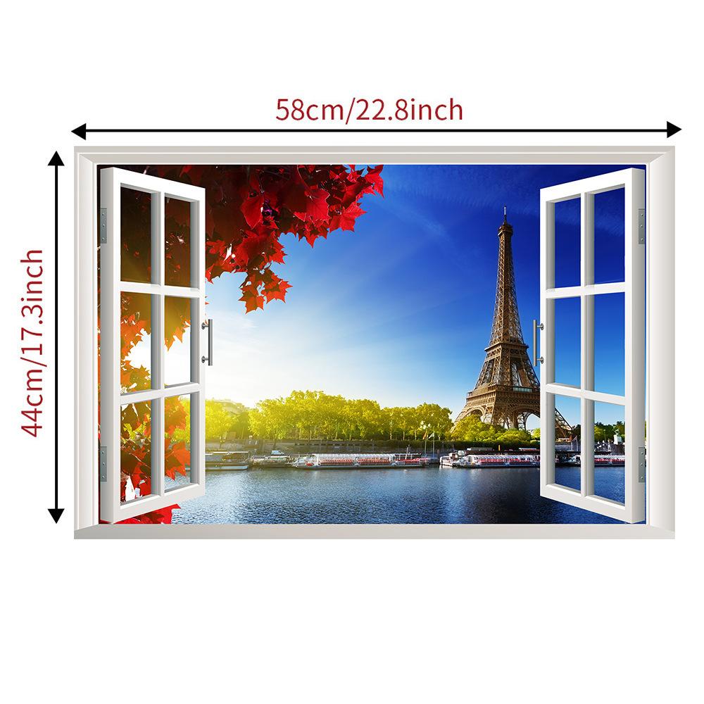 57*90cm 3D Natural Scenery Eiffel Tower False Window Wall Painting Living Room Bedroom Removable Wall Sticker Hoom Decor