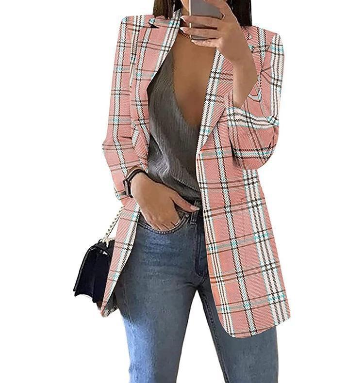 New Fashionable Women Casual Slim Fit Lapel Plaid Cardigan Suit Jacket