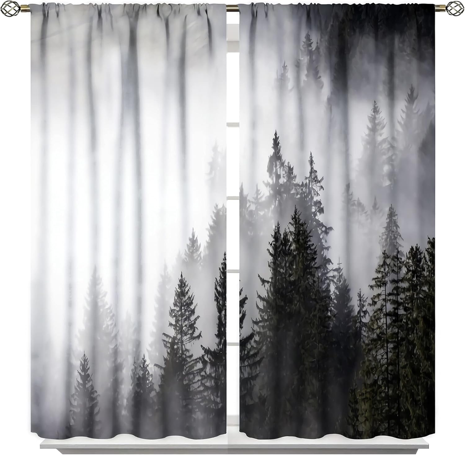 

Foggy Forest Curtains Misty Mountain Rod Pocket Pine Nature Landscape Art Printed Living Room Bedroom Window Drapes 42x63inch(10 100*130 HOOK 1pcs