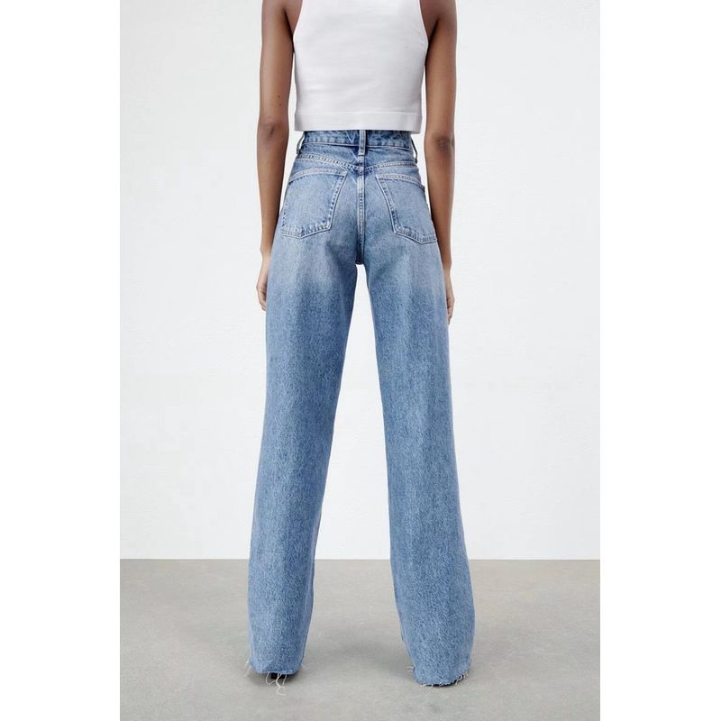Za2025 Same Style European and American Women's Clothing Fall New Arrival Street Style Perforated Hole Decoration Wide Leg Long Denim
