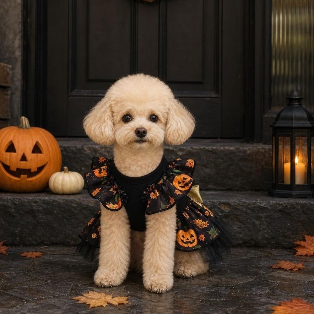 Pumpkin Print Pet Wizard Dress Big Bow Decor Pet Puff Sleeve Skirt Halloween Party