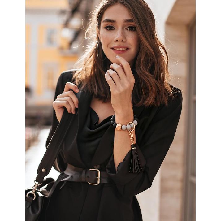 BAOSIWA Silicone Beaded Bracelet Keychain Wristlet Key Ring Bangle Chains for Women with Leather Tassel