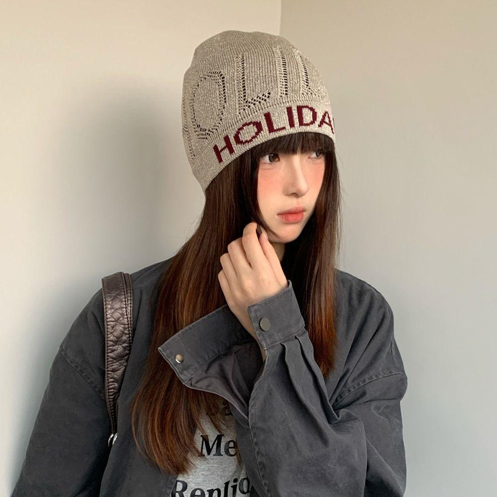 Vintage Letter Beanie Hat Hollow Knitted Pullover Hat Fashion Sequin Knitted Hat  Winter