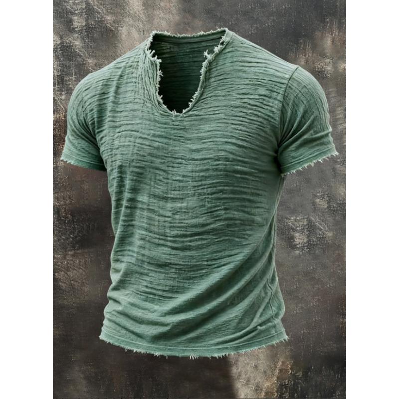 MENFORMAL Heren Khaki Slubtextuur Ruwe Rafelige Rand V-hals T-shirt Verweerd Gerafeld Randje Korte Mouw Casual Vintage Top 4XL groen