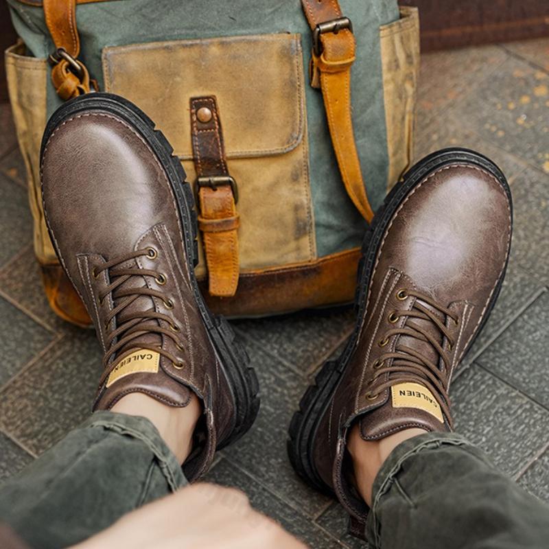 Men Vintage Work Shoes Autumn Winter New Non Slip Comfortable Platform Leather Shoes Fashion Lace Up Height Increase Short Boots
