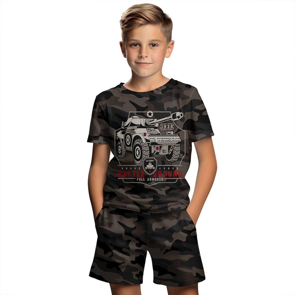 Summer Round Neck 3D Camouflage Printed Set Fashionable and Casual Short Sleeved Shorts Children's Boy Clothing Sets