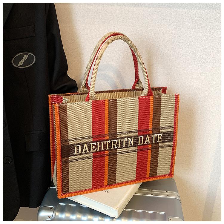 Women's Bag Cotton and Linen Large-capacity Portable Tote Bag New Fashion Embroidery Striped Color Contrast Hand Bag Women's Bag