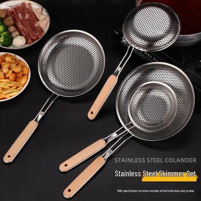Wooden Handle Stainless Steel Perforated Oil Skimmer Ladle for Dumplings and Noodles - Thickened Frying Spoon Strainer.