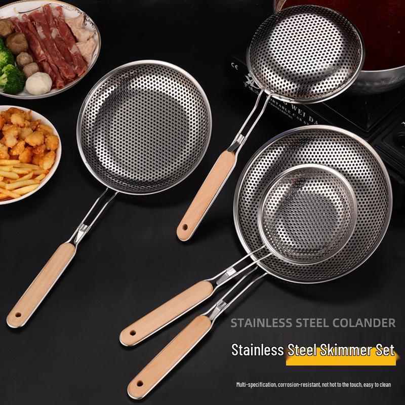 Wooden Handle Stainless Steel Perforated Oil Skimmer Ladle for Dumplings and Noodles - Thickened Frying Spoon Strainer.
