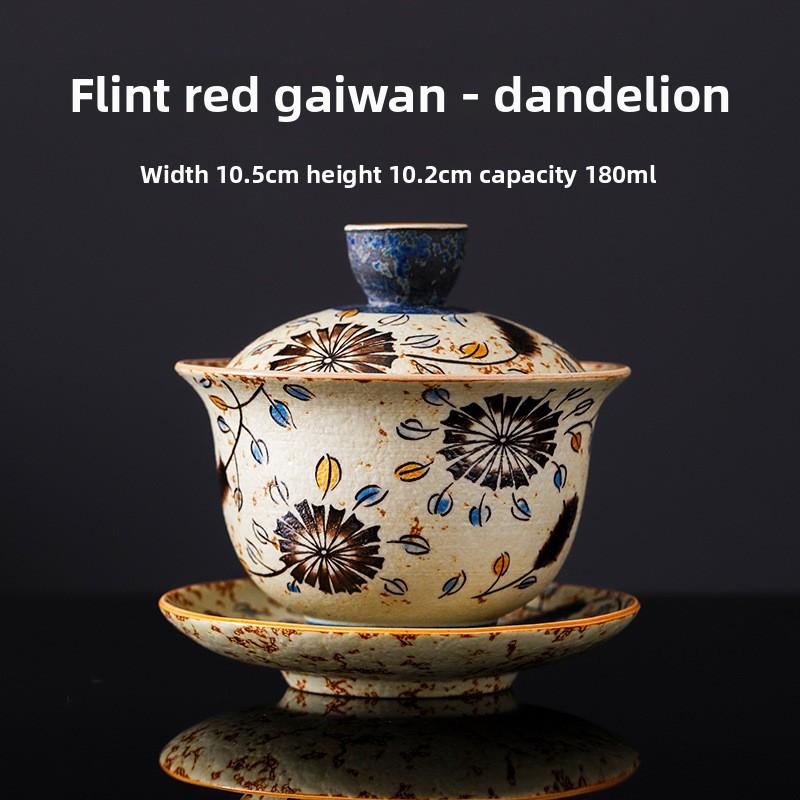 Blue and White Flint Red Lidded Tea Bowl, Ceramic Home/Office Tea Set, Personal Tea Drinking Gongfu Teaware with Hovering Lid.