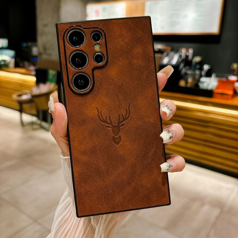 For iPhone 16 Pro Max 15 14 Pro 13 12 11 Samsung S25 Ultra S24 FE S23 Plus S22 A56 A16 A55 A35 Luxury Deer Pattern Leather Shockproof Phone Case Cover