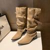 But knee boots women's spring and autumn khaki suede pointed boots children thick heel thin pleated piled boots