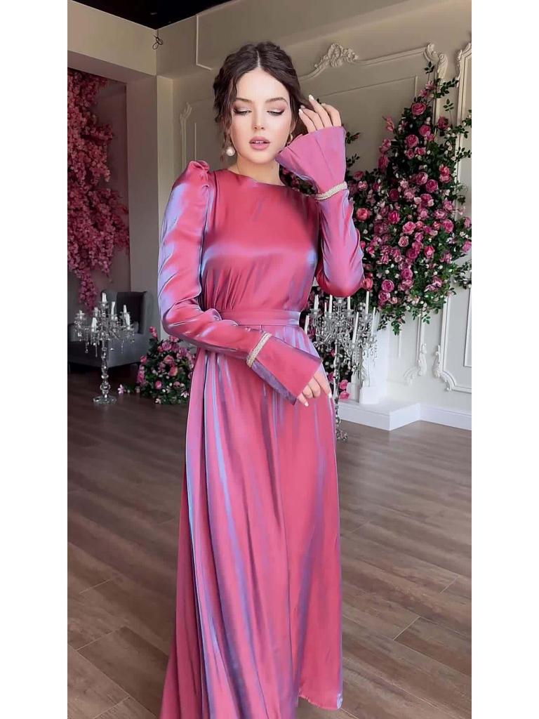 2024 Satin Elegance: Shiny Solid Color Saudi Dress Skirt with Large Hem