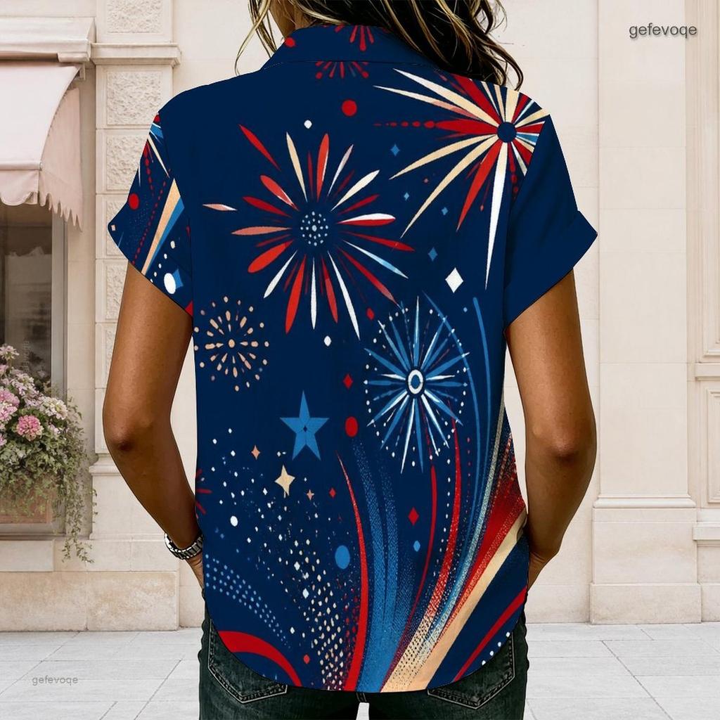 Plus Size Women Collared Short Sleeve Blouse Geometric Abstract Line Print Button Front Casual Summer Top