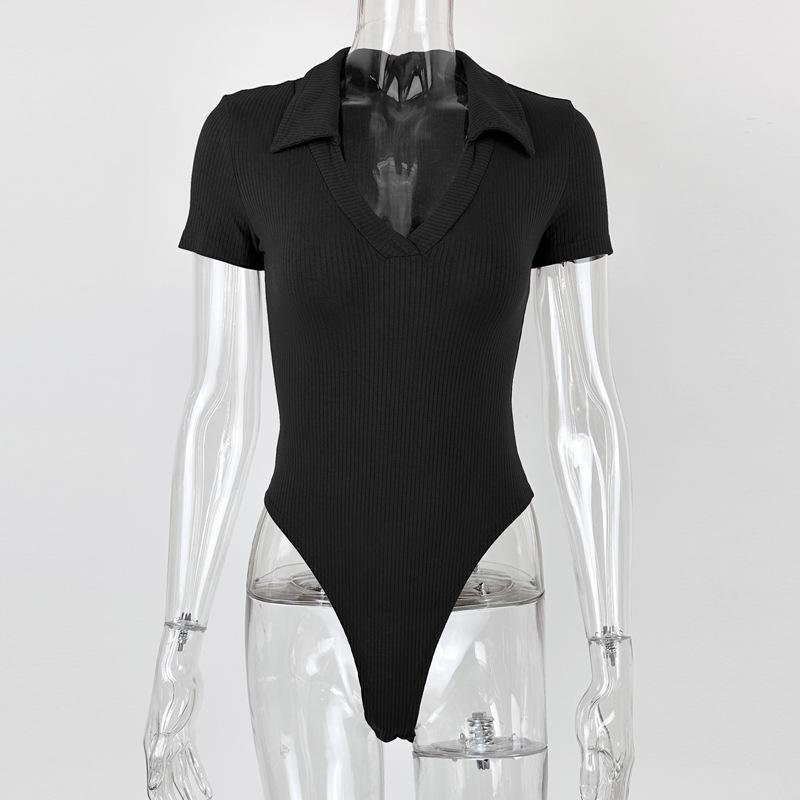 2025 Summer European & American Women's Cotton Ribbed Polo Neck Slim-Fit Short-Sleeve Jumpsuit