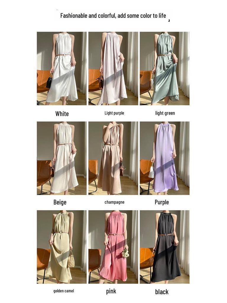 2024 Summer Women's French Retro Acetate Satin Halter Neck Sleeveless Dress