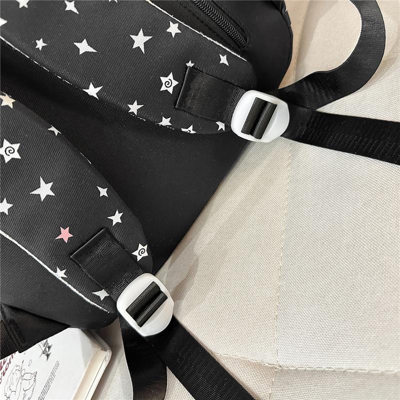 Cute Star Print Nylon Backpack for Women – Fashionable School & Daily Use Bag with Front Drawstring Pocket and Plush Charm