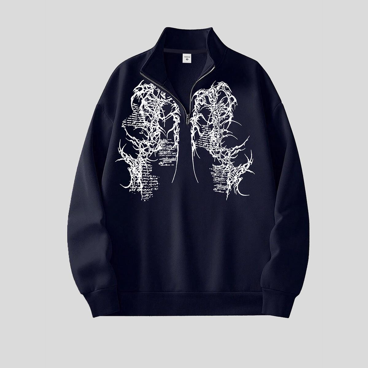 

Mens Quarter-Zip Pullover Long Sleeve Mock Neck Sweatshirt Unsex Y2K Gothic Printed Vintage Tops XXL темно-синього кольору