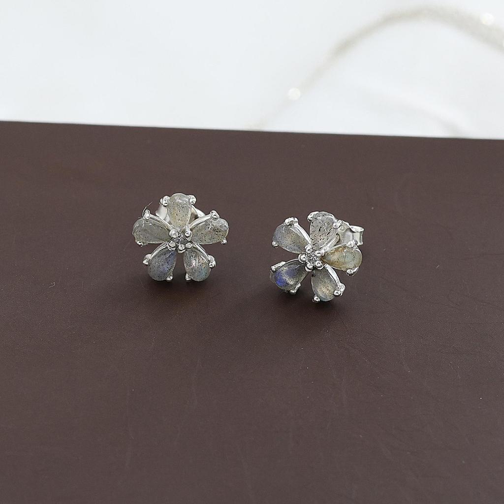 Labradorite Silver Stud Earring, Zircon Silver Jewelry,  925 Sterling Silver Handmade Jewelry, Silver Women Earring Ae6670