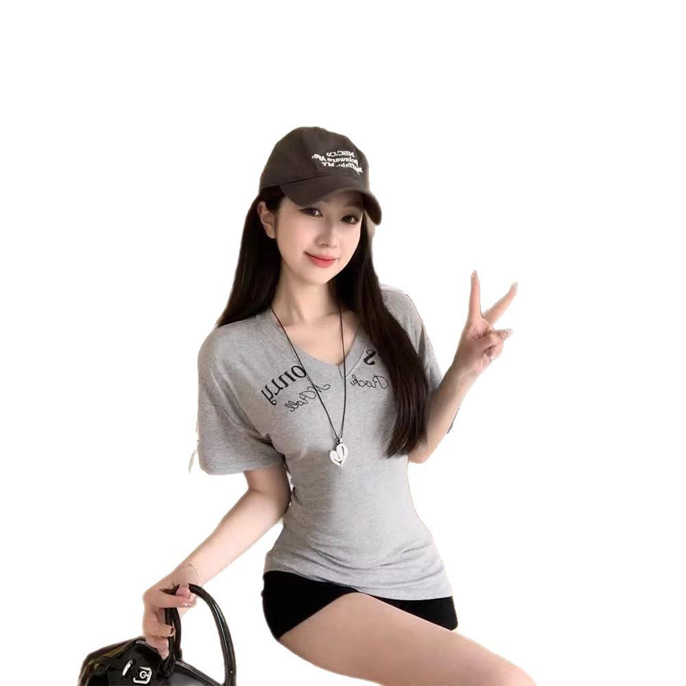 Summer New Letter Printing Slim V-neck T-shirt Women's Design Sense Short Sleeve Front Shoulder Students On the Clothes Trend