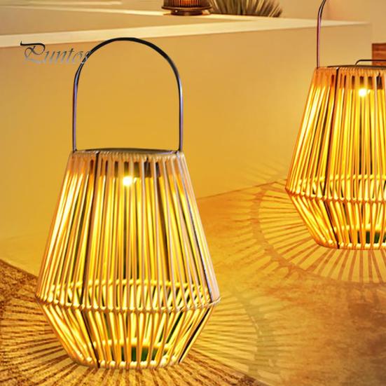 Solar Rattan Bambus Lampe med Lyssensor Automatisk PÅ/AV IP65 Vanntett Retro Stil Håndlaget dekorativ Solar Lanterne Dekor