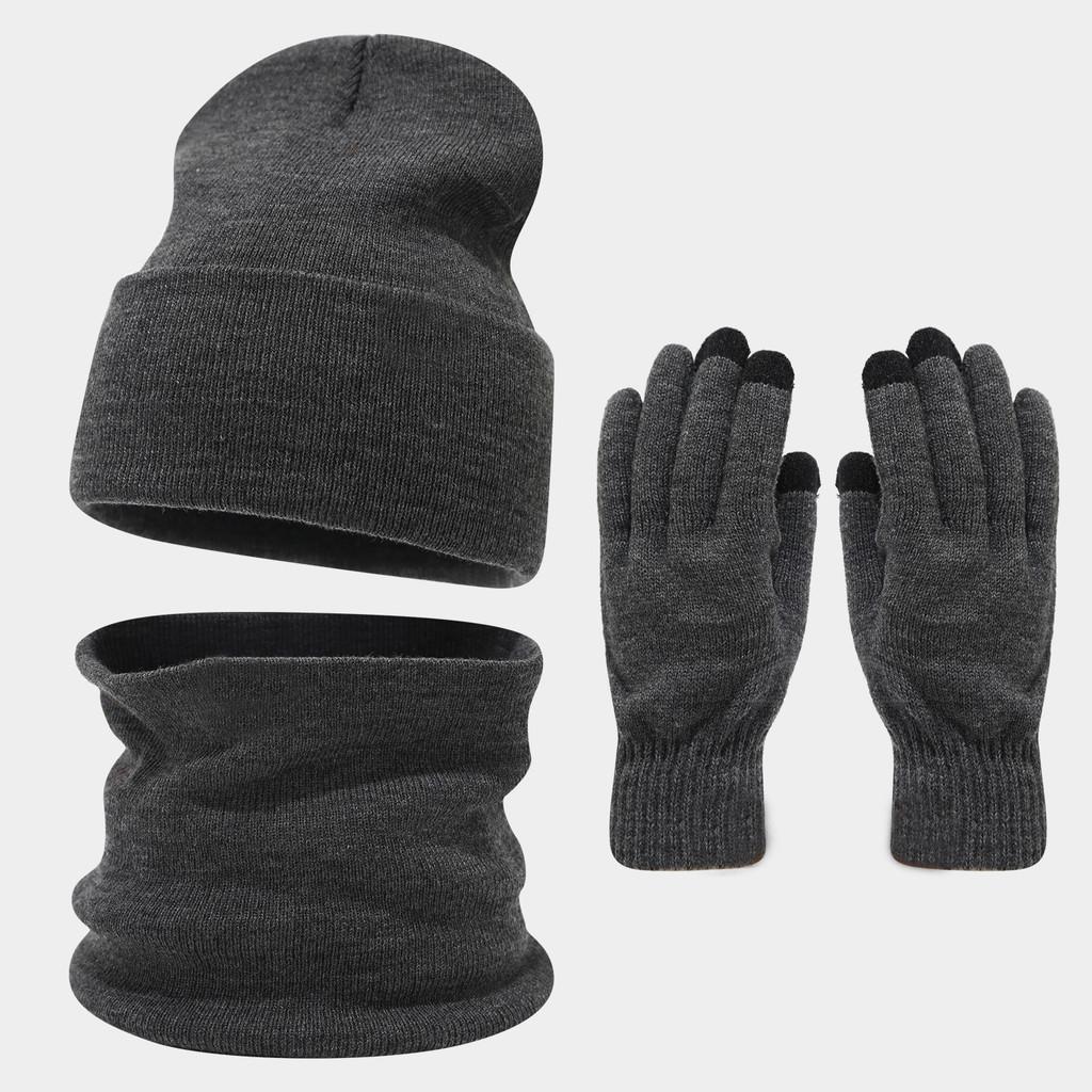 Winter Outdoor Big Head Pure Color Face Slimming Hat Scarf Gloves Set For Adults