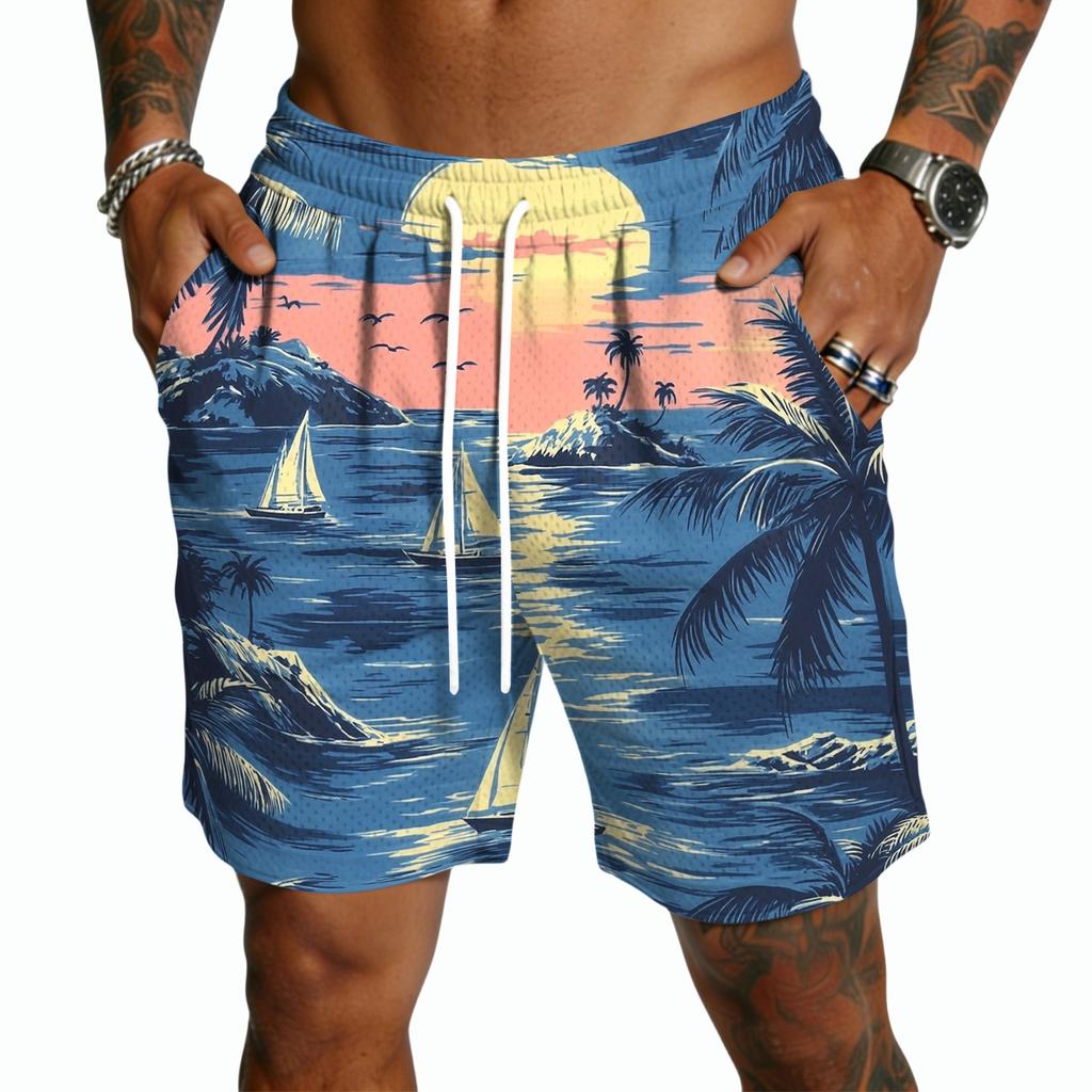 Men's Casual Drawstring Shorts Lightweight Quick Dry Five Inch Inseam Hawaiian Print Beachwear Swim Trunks with Elastic Waistband