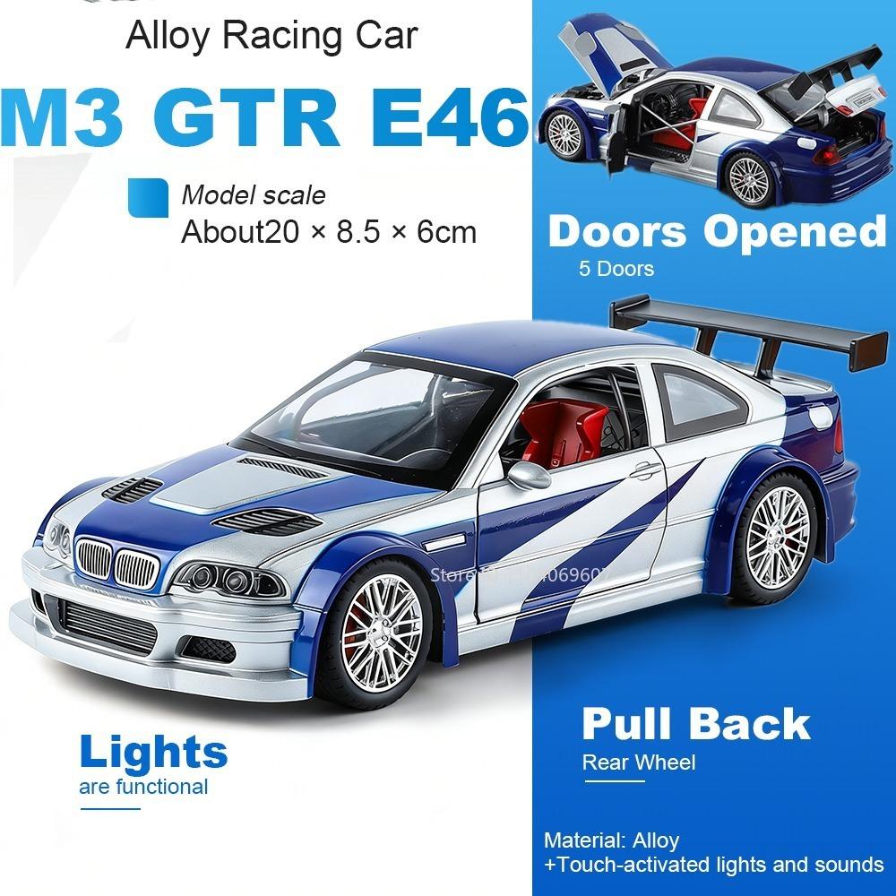 1:24 M3 GTR E46 Model Racing Car Toys Alloy Diecast Sound Light Doors Opened Shock Absorption Pull Back Simulation Supercars