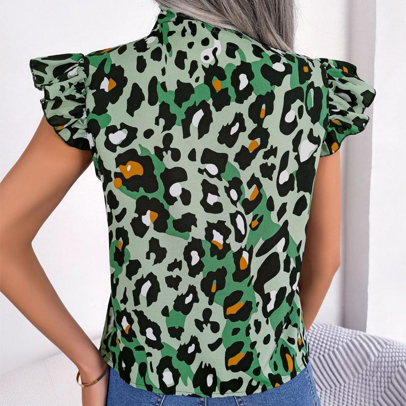 Summer Sleeveless Shirt Casual Fashion Leopard Print Blouse Sweet Lace-up Bow Collar Chiffon Tops Women Loose Clothes 28622