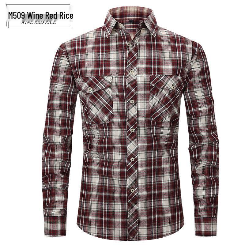 

Spring Summer Slim Fit Brushed Plaid High-End Long Sleeve Double Pocket Men s Flannel Shirt 2XL