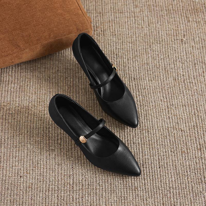 Krazing Pot Genuine Leather Round Toe Thin Heels Summer Shoes Solid Big Size 42 Shallow Decoration buckle Women Shallow Pumps