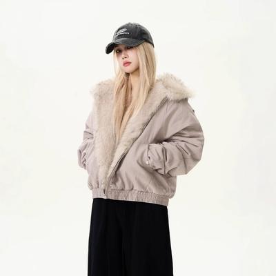 New American Retro Seat Mountain Carving Fur Collar Hooded Cotton Clothes Cotton Clothes Men's and Women's Short Winter Thickened Coat