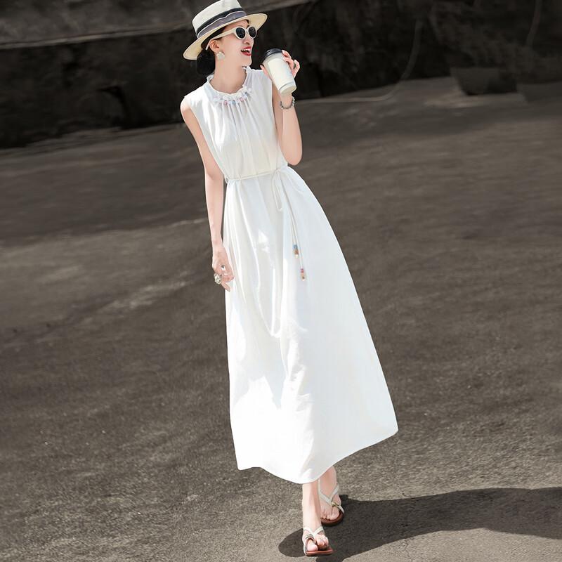 Elegant Pleated Acetate Sleeveless Midi Dress with Beaded Belt XL белый