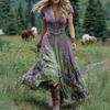 Damen Blumenmuster Maxikleid Kurzarm V-Ausschnitt Schwingkleid Boho Fließendes A-Linien-Kleid Lässiges Abschlussball-Party-Hochzeitsgast-Kleid