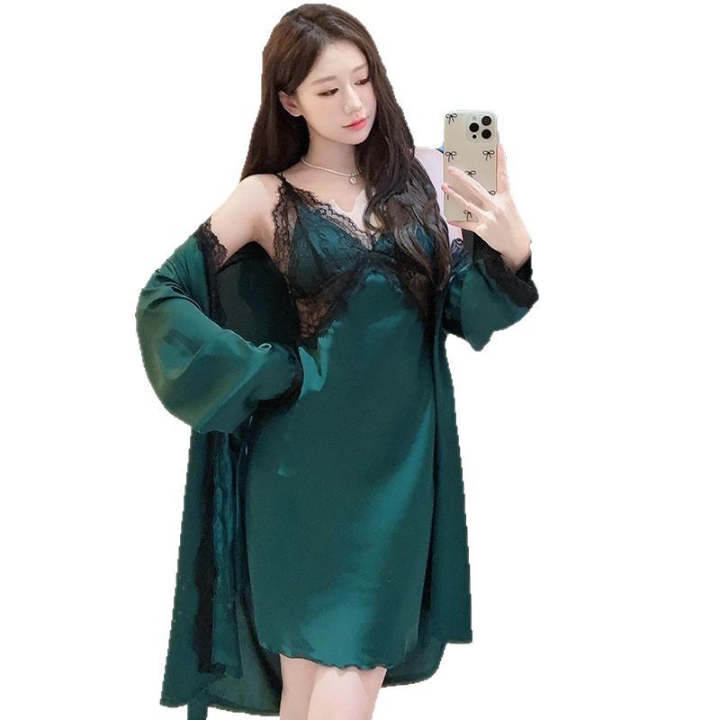 French pajamas women's summer ice silk suspender nightgown two-piece set sexy back waist thin nightgown with chest pad