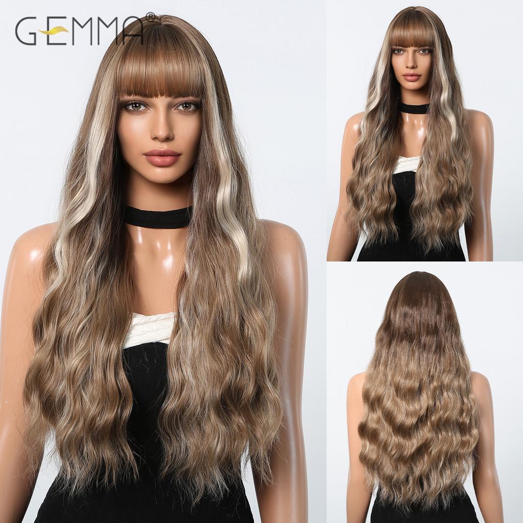 GEMMA Synthetic Dark Wine Red Long Wavy Hair Wig with Bangs Burgundy Cosplay Party Wigs for Women Natural Heat Resistant Fibre