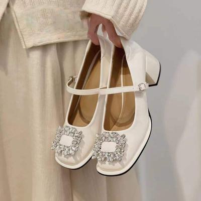 French Retro High Heel Beige Light Mouth Small Leather Shoes Mary Jane Shoes Women's Thick Heel Single Shoes Rhinestone Wedding Shoes Bride Shoes