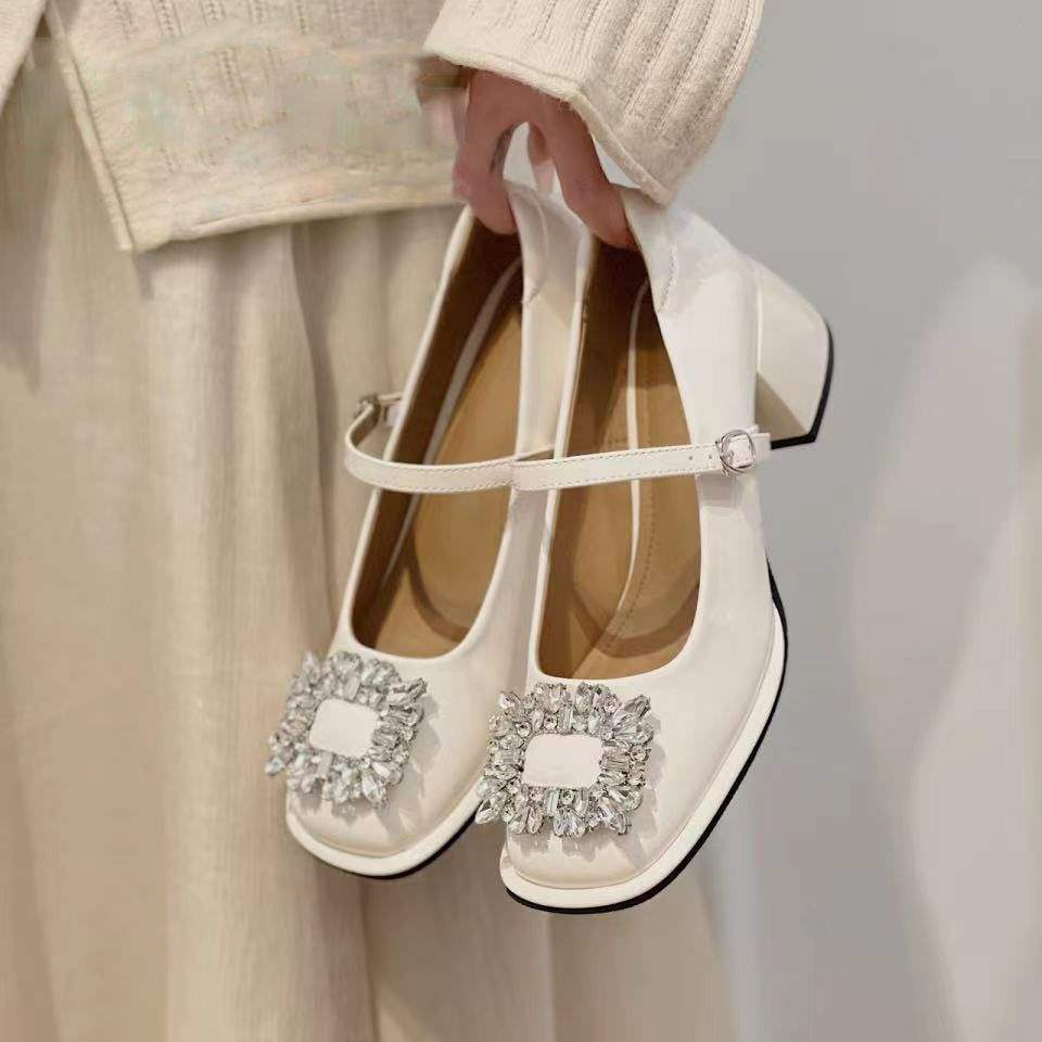 French retro high heel beige light mouth small leather shoes Mary Jane shoes women's thick heel single shoes rhinestone wedding shoes bride shoes