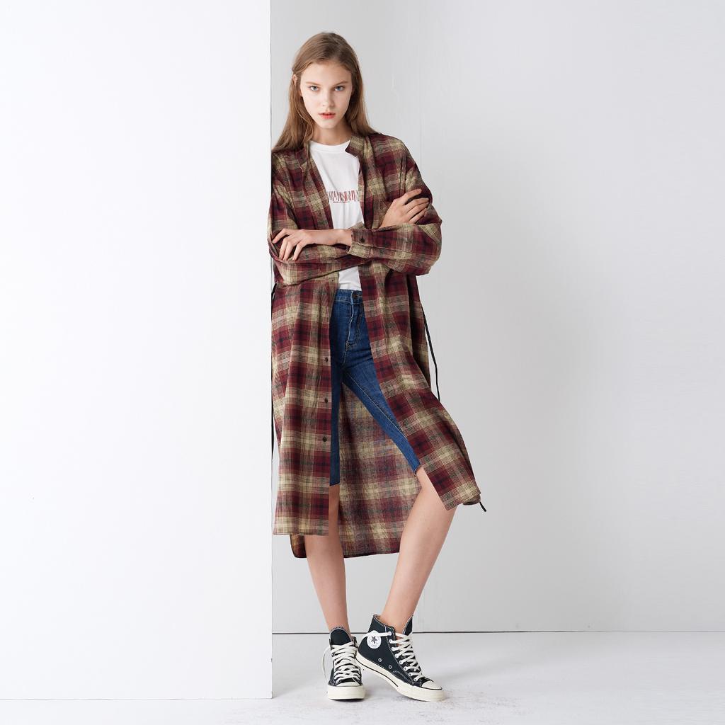 PINBLACK Cotton Check Shirts One-Piece Wine