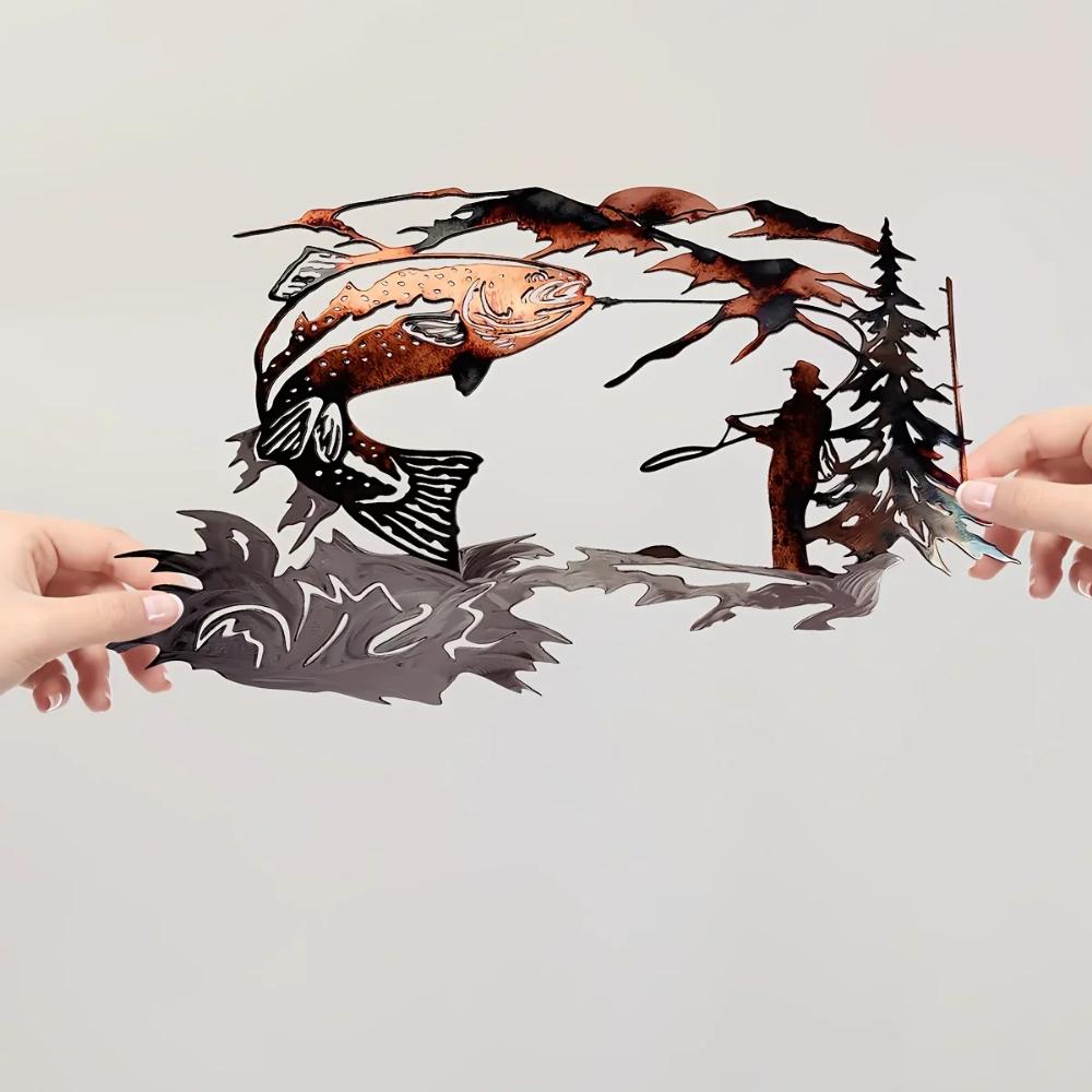 Decoração de parede de metal 3D HelloYoung, decoração de parede para caça de patos e pesca de trutas, presente, decoração de sala de estar, decoração de parede