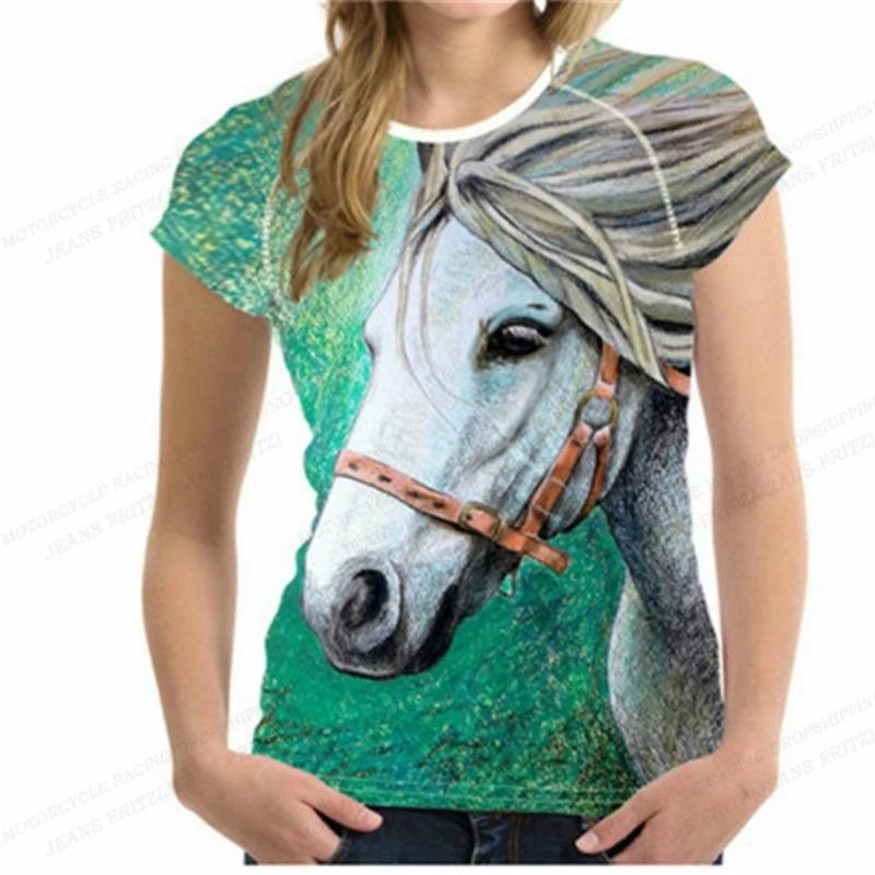 Modny damski t-shirt z nadrukiem 3D z koniem, letni, żywy, oversize, z okrągłym dekoltem, z krótkim rękawem, top, t-shirt, ubrania ze zwierzętami, t-shirt dla dziewczyny