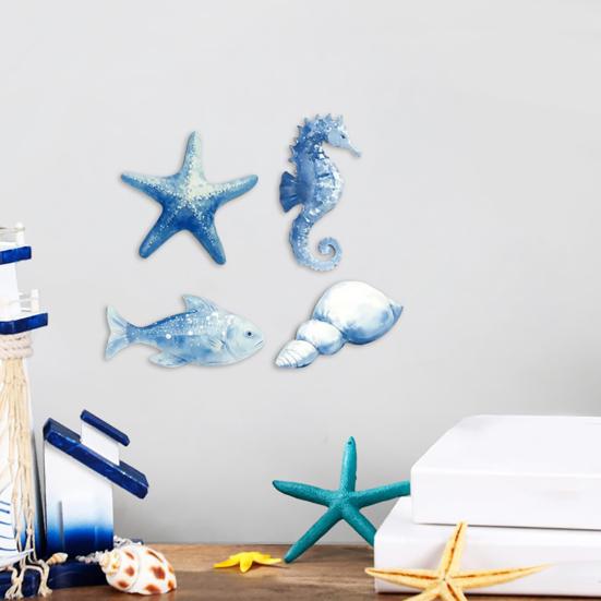 4 Pcs Wooden Beach Wall Decor Coastal Ocean Starfish Seahorse Conch Fish Wall Art Nautical Theme Home Decor for Farmhouse Living Room Bathroom