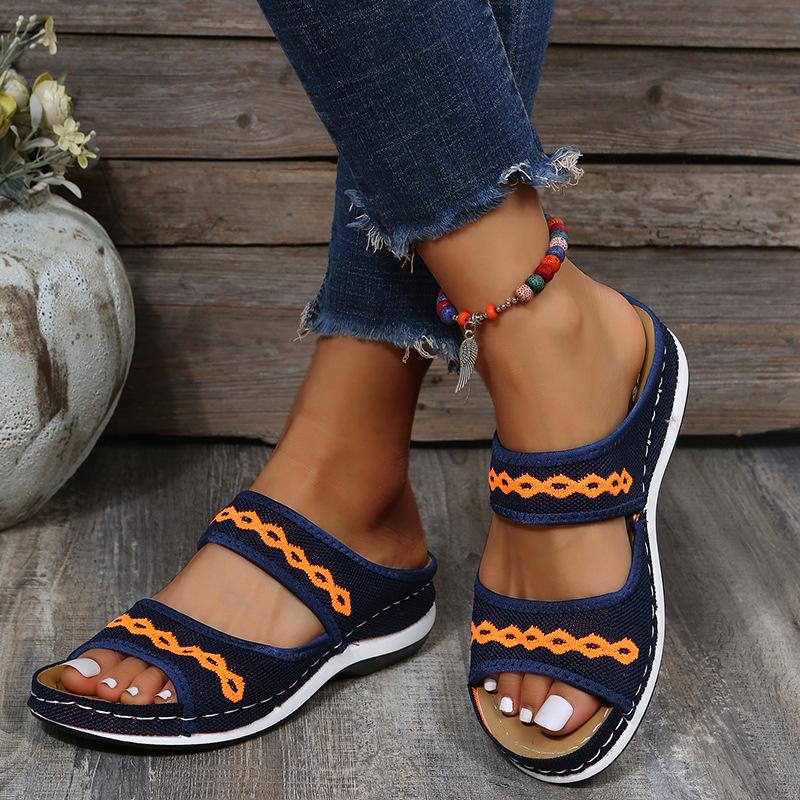 Women's Low-Heel Fly-Knit Embroidered Slip-On Sandals - Plus Size Available