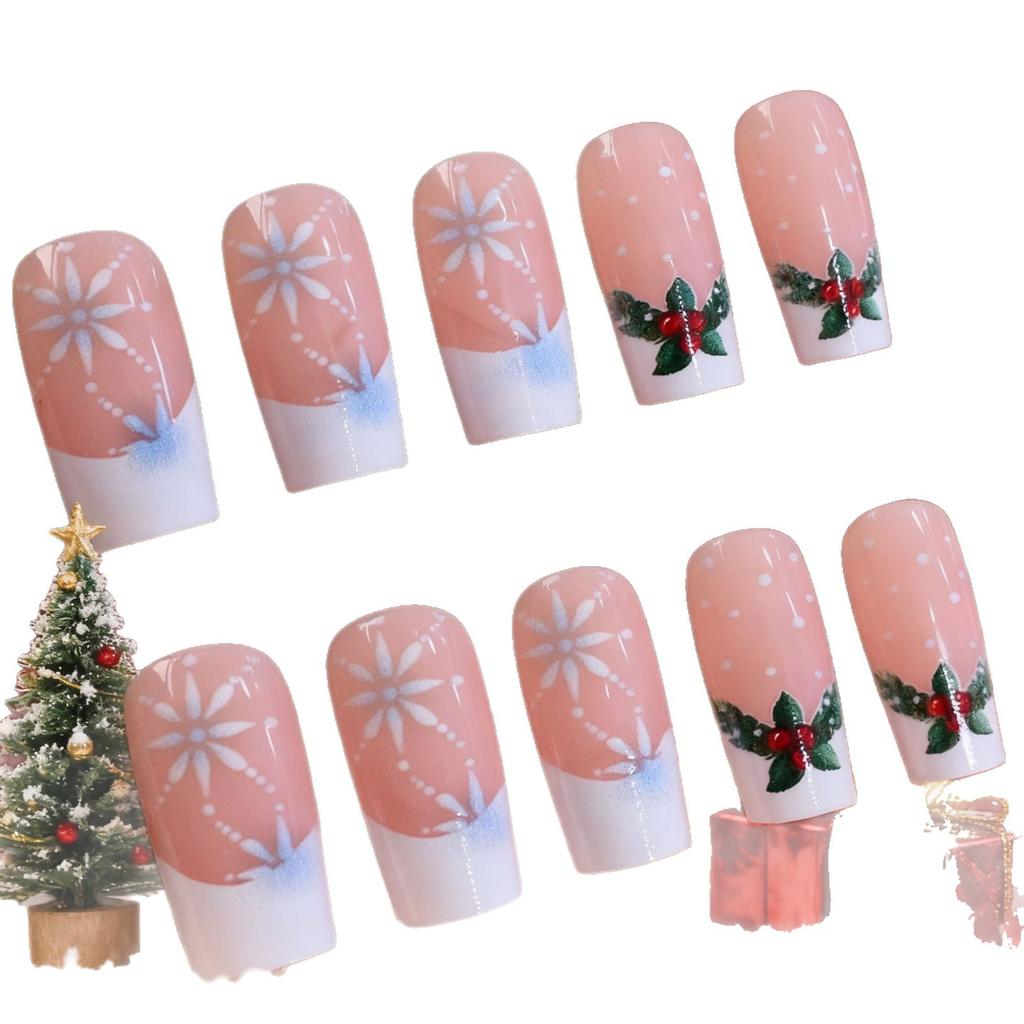 European And American Nail Art Christmas Fashion Small Fresh French Leaf Snowflake Medium Length Wearing Nail