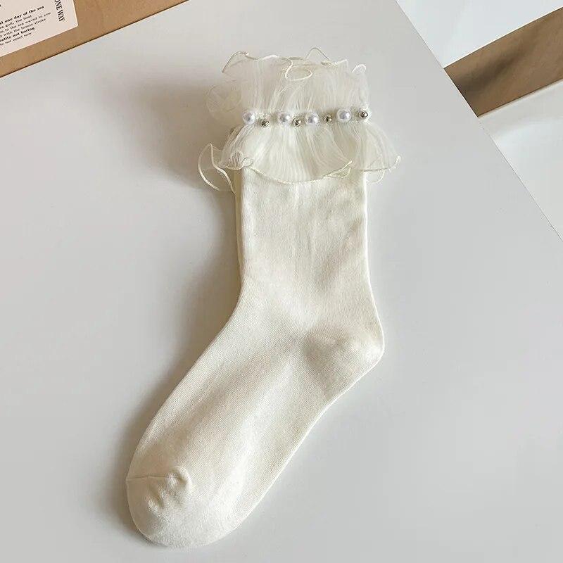 JK Japanese Style Pearl Kawaii Cute Princess High Long Sock Autumn Children White Lolita Girls Lace with Ruffles Stocking